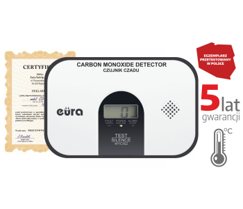 CZUJNIK CZADU ''EURA'' CD-45A2v25G300 - wolnostojący, DC 3V (2x LR6), LCD, termometr, 5 lat gwarancji, test 300 ppm